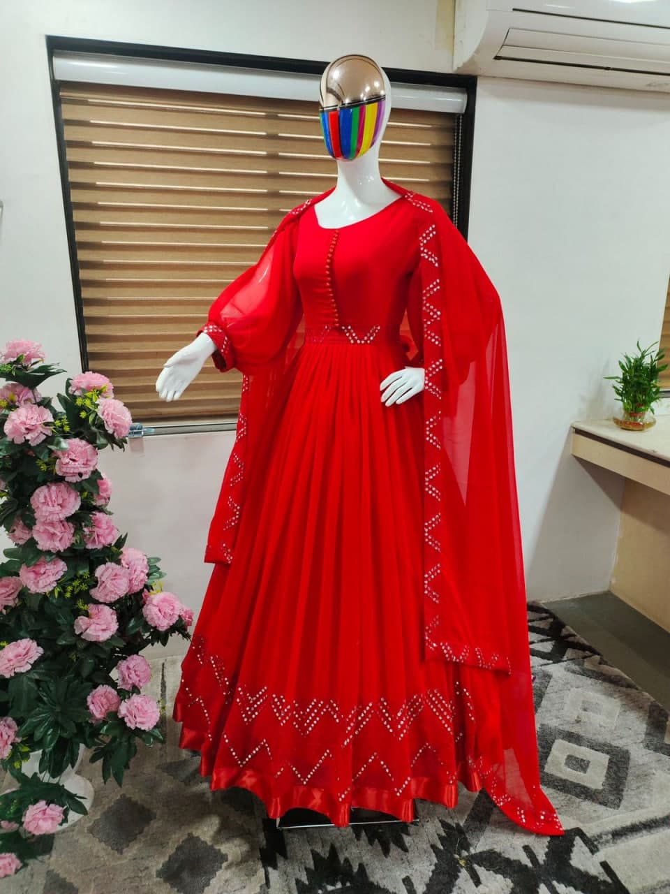 Red Georgette Mirror Embroidery Work Gown With Fancy Belt