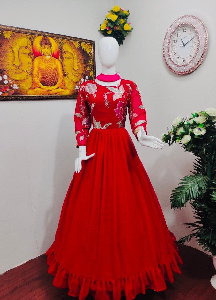 Red Georgette Sequence Embroidery Work Gown