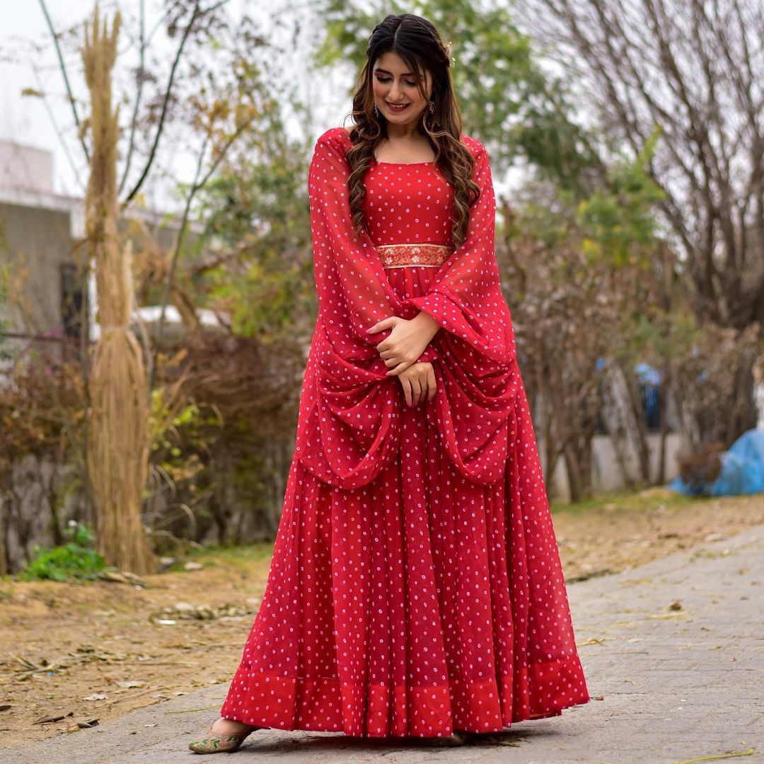 Red Anarkali Suit In Georgette Silk With Digital Print