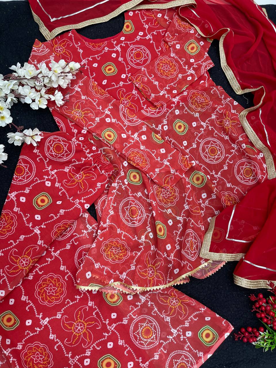 Red Sharara Suit In Georgette Silk With Digital Print