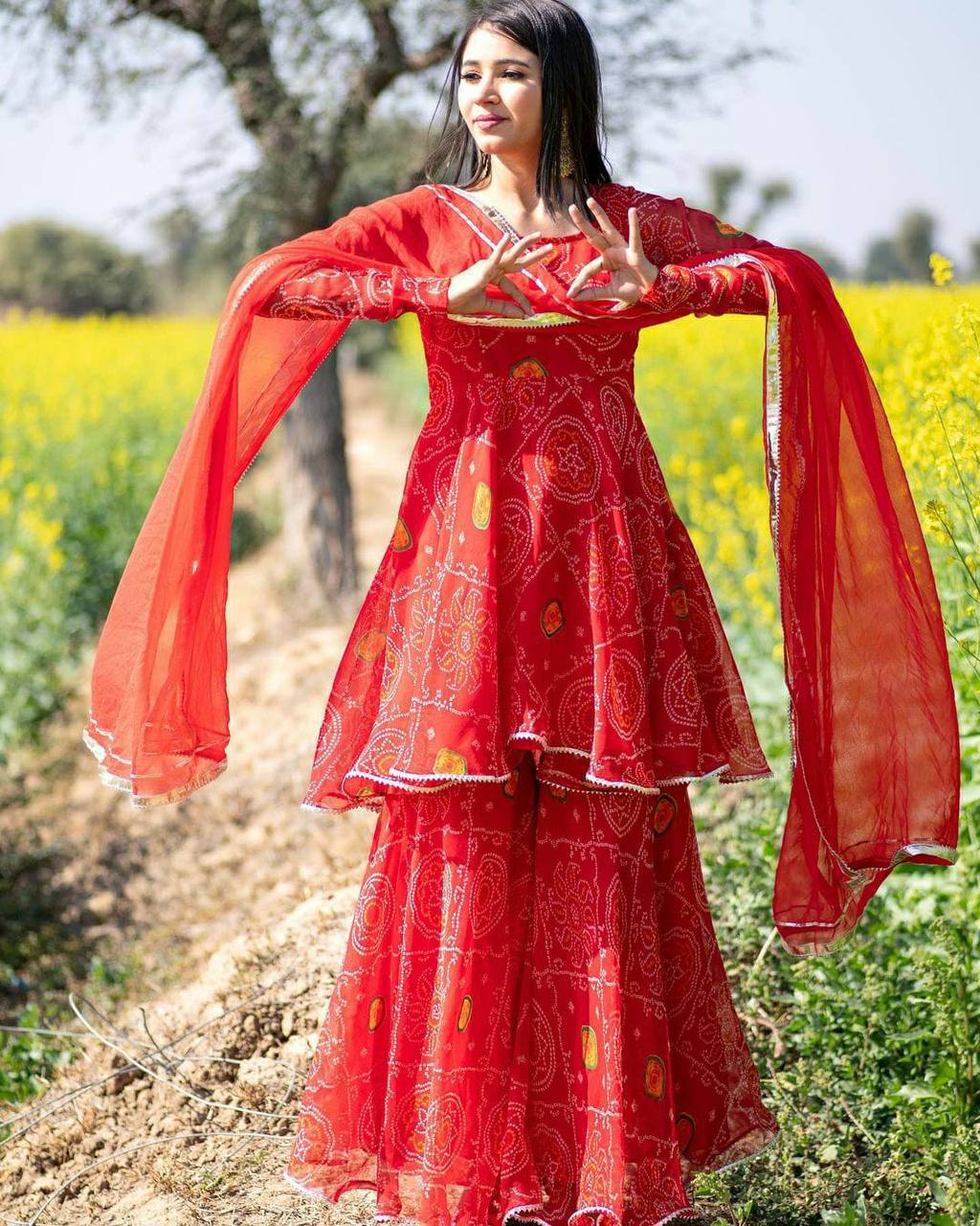 Red Sharara Suit In Georgette Silk With Digital Print