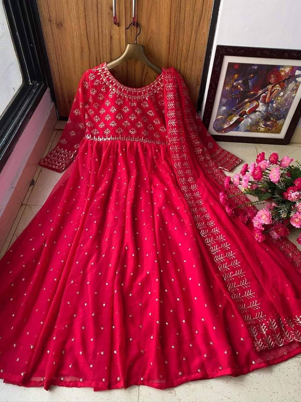 Red Anarkali Suit In Georgette Silk With Embroidery Work