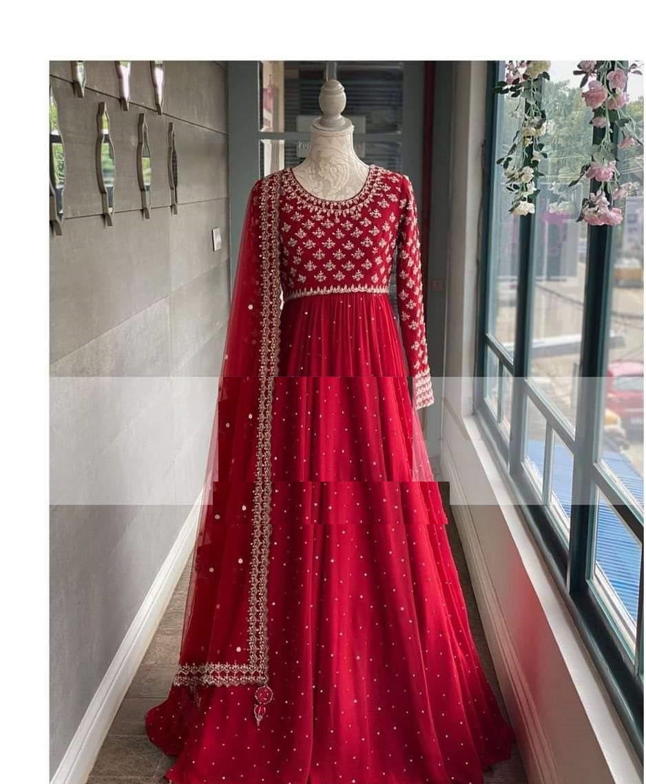 Red Anarkali Suit In Georgette Silk With Embroidery Work