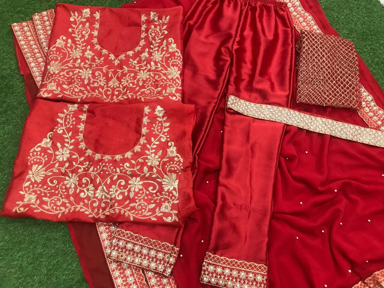 Red Georgette Silk Embroidery Work Indo Western Saree With Belt