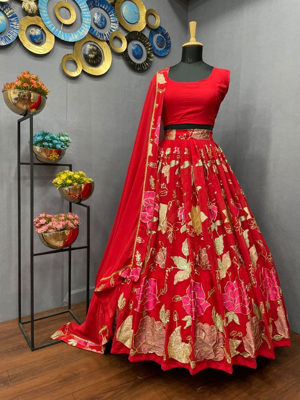 Red Lehenga Choli In Georgette Silk With Embroidery Work