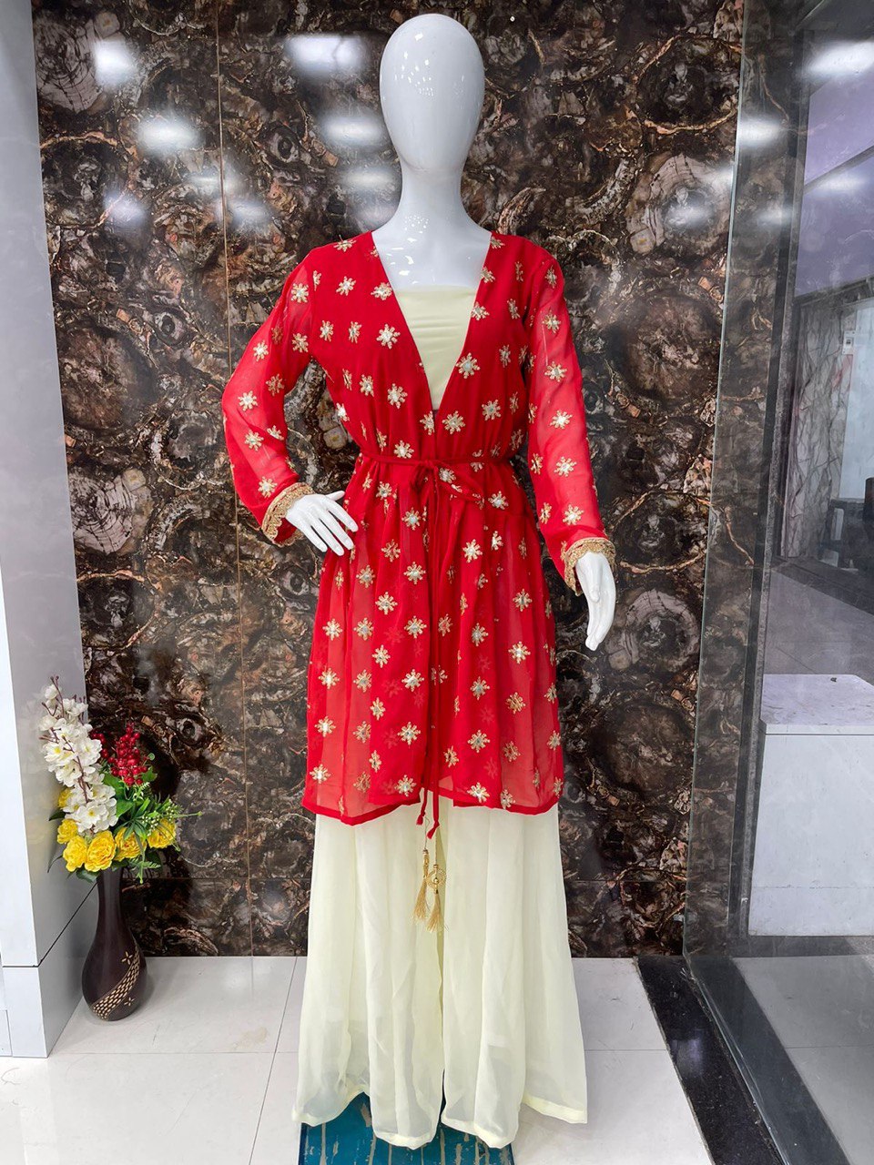 Red Palazzo Suit In Georgette Silk With Embroidery Work