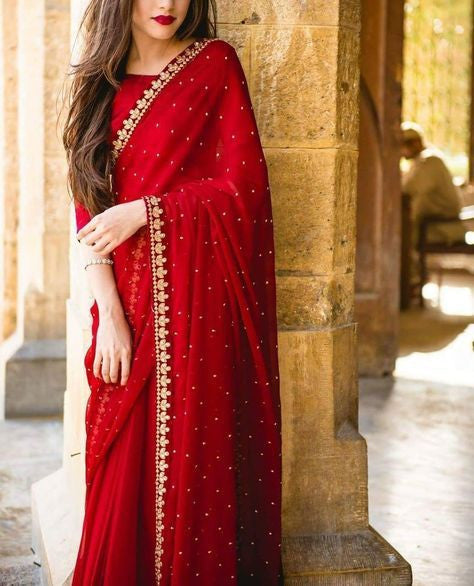 Red Saree In Georgette Silk With Embroidery Work