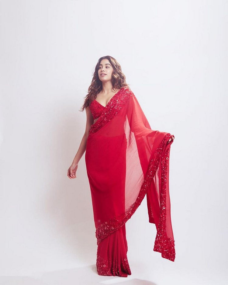 Red Saree In Georgette Silk With Embroidery Work