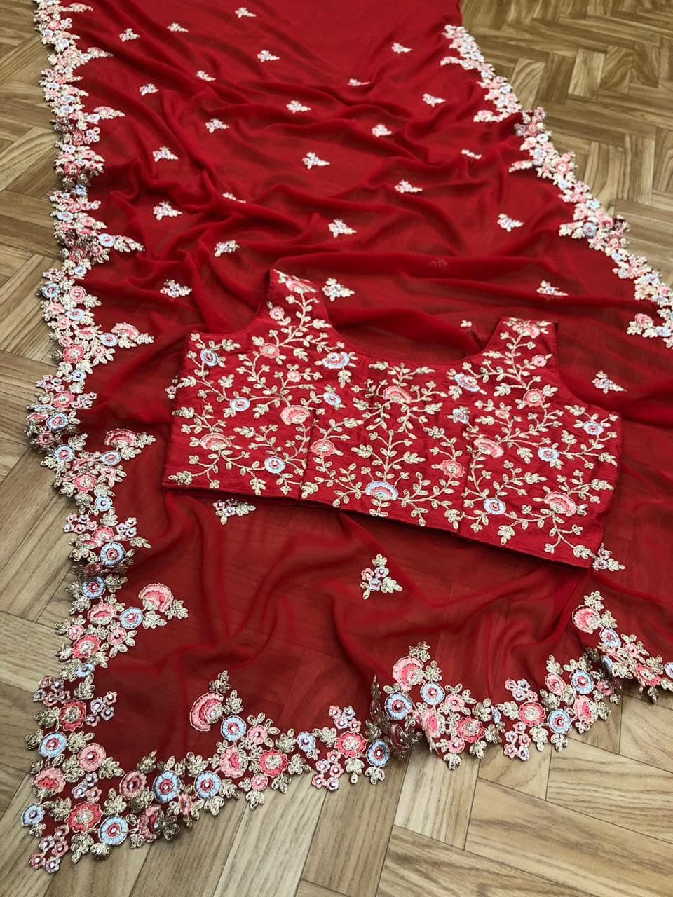 Red Saree In Georgette Silk With Embroidery Work