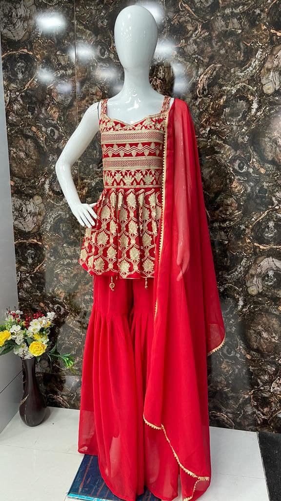 Red Sharara Suit In Georgette Silk With Embroidery Work