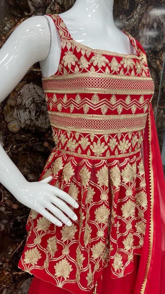 Red Sharara Suit In Georgette Silk With Embroidery Work
