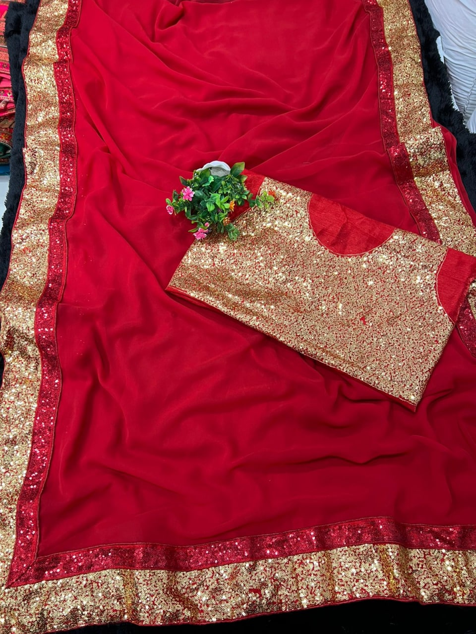 Red Saree In Georgette Silk With Fancy Sequence Embroidery Work