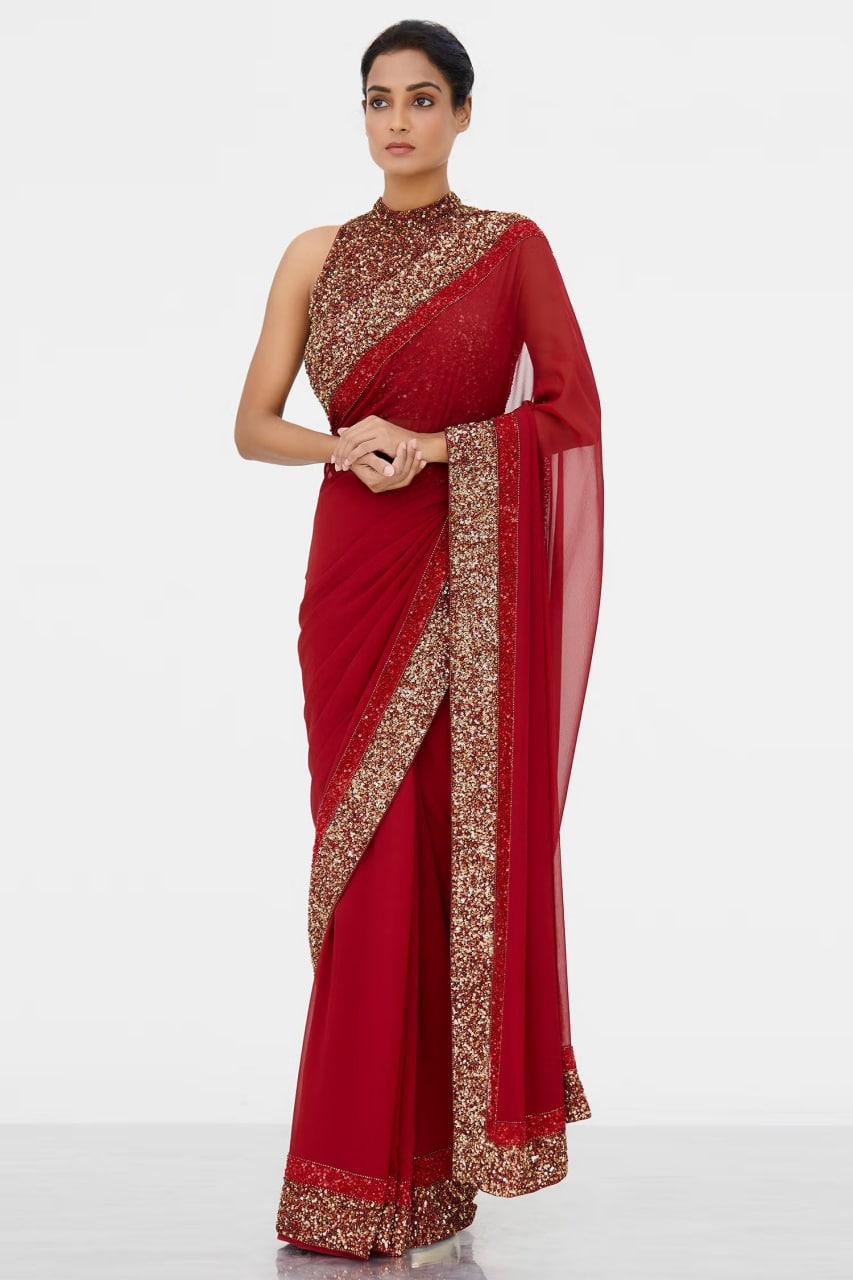 Red Saree In Georgette Silk With Fancy Sequence Embroidery Work