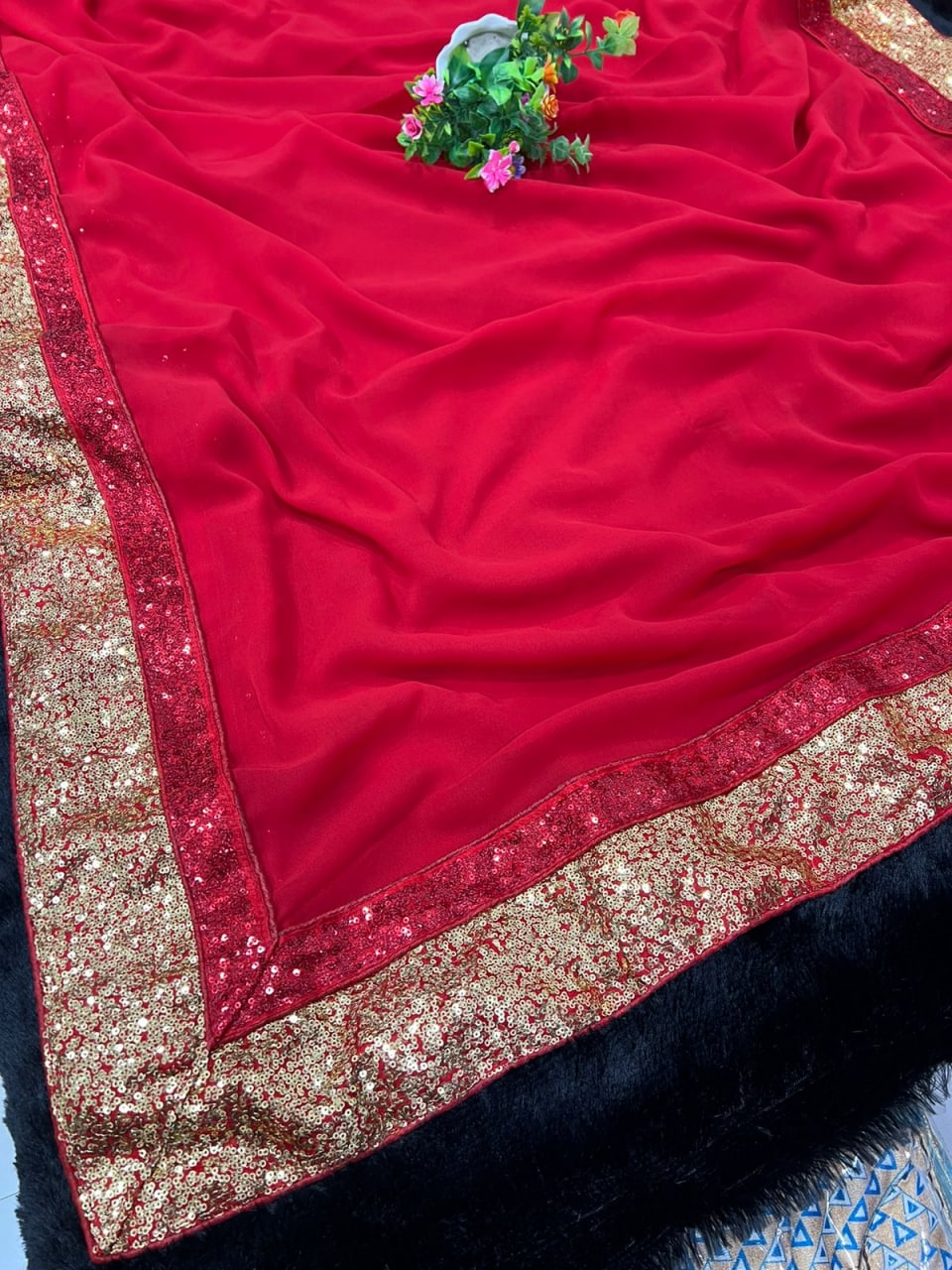 Red Saree In Georgette Silk With Fancy Sequence Embroidery Work