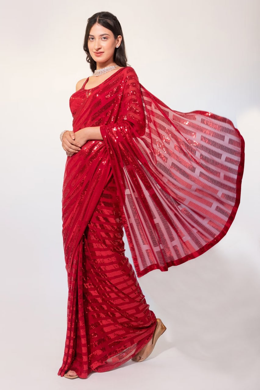 Red Saree In Georgette Silk With Fancy Sequence Work