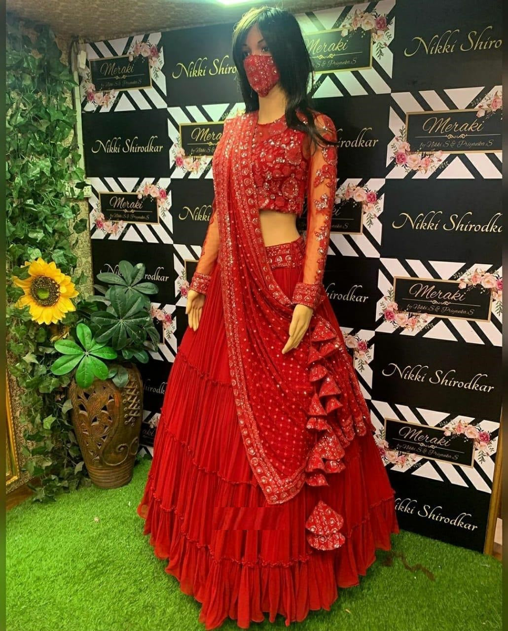 Red Lehenga Choli In Georgette Silk With Raffle