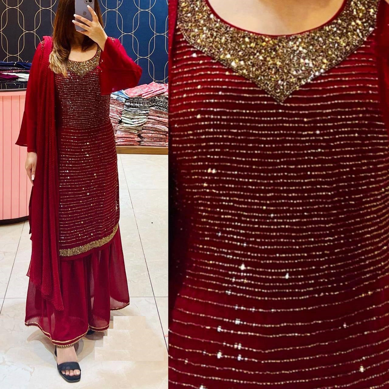 Red Palazzo Suit In Georgette Silk With Sequence Work