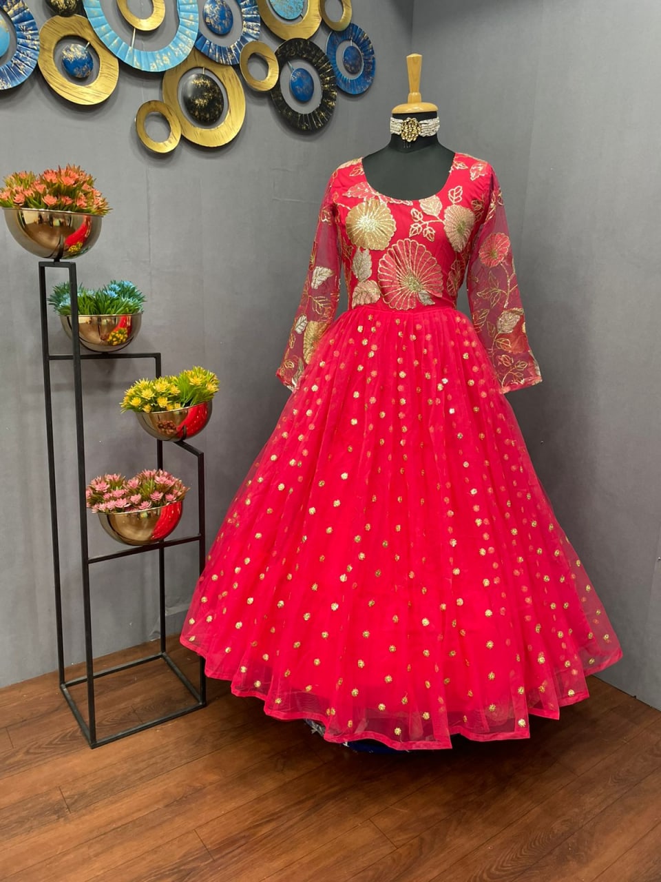 Red Gown In Georgette Silk, Net With Embroidery Work