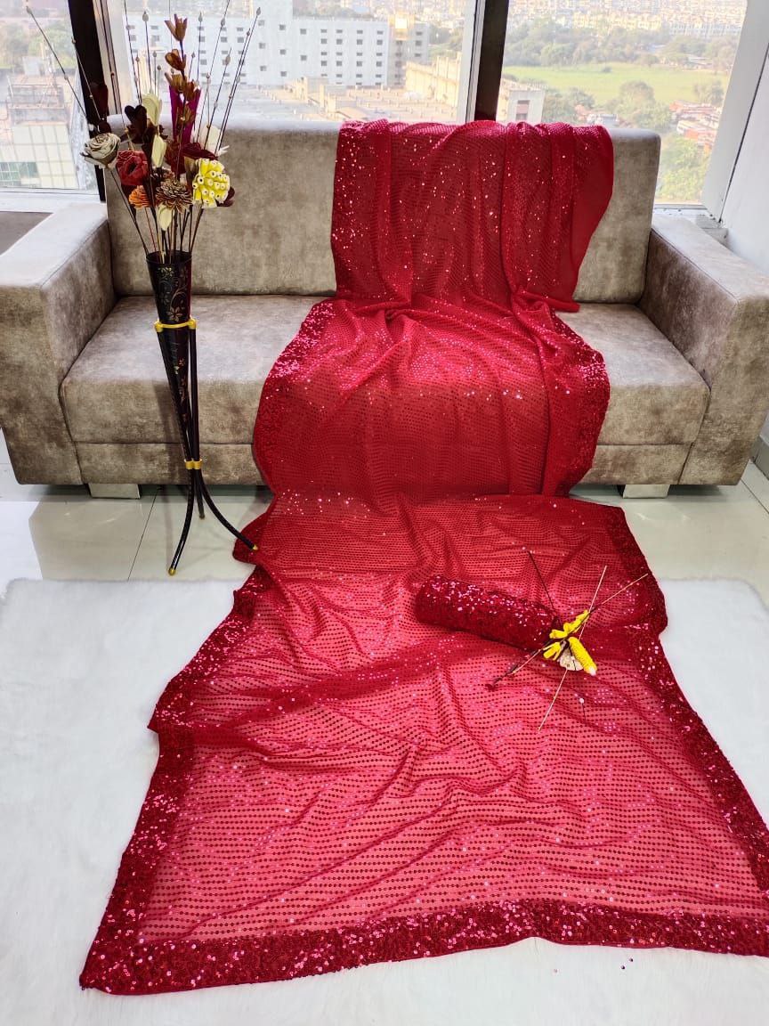 Red Saree In Heavy Georgette With Sequence Work