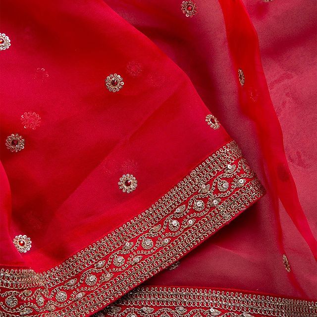 Red Saree In Organza Silk With Fancy Thread Work