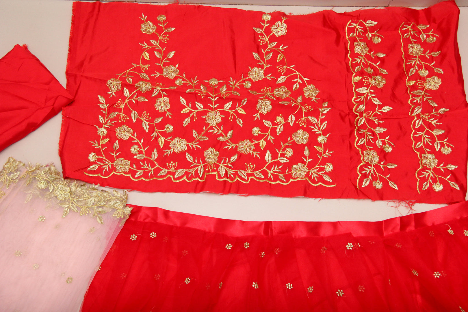 Red Lehenga Choli In Butterfly Mono Net With Badla Zari Work