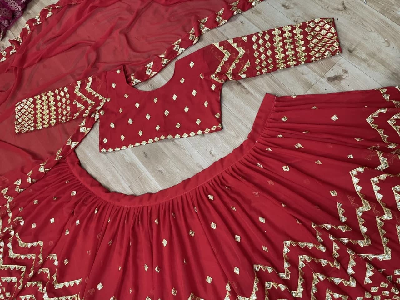 Red Lehenga Choli In Georgette With Sequence Embroidery Work