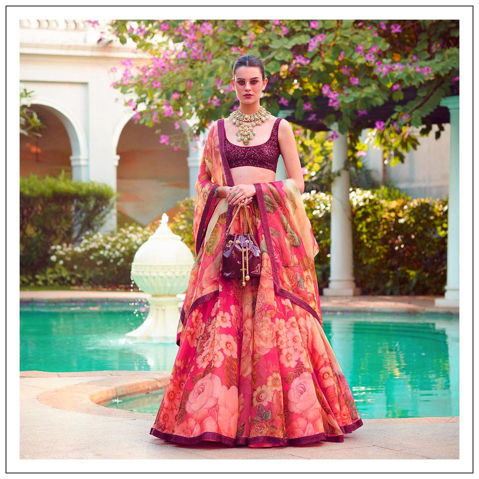 Red Lehenga Choli In Organza Silk With Heavy Digital Print