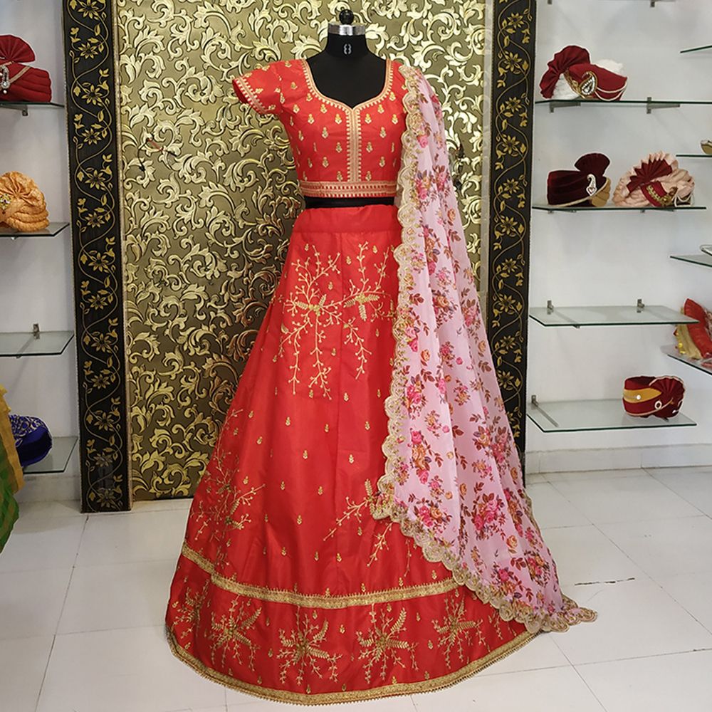 Red Lehenga Choli In Satin Banglory Silk With Embroidery Work