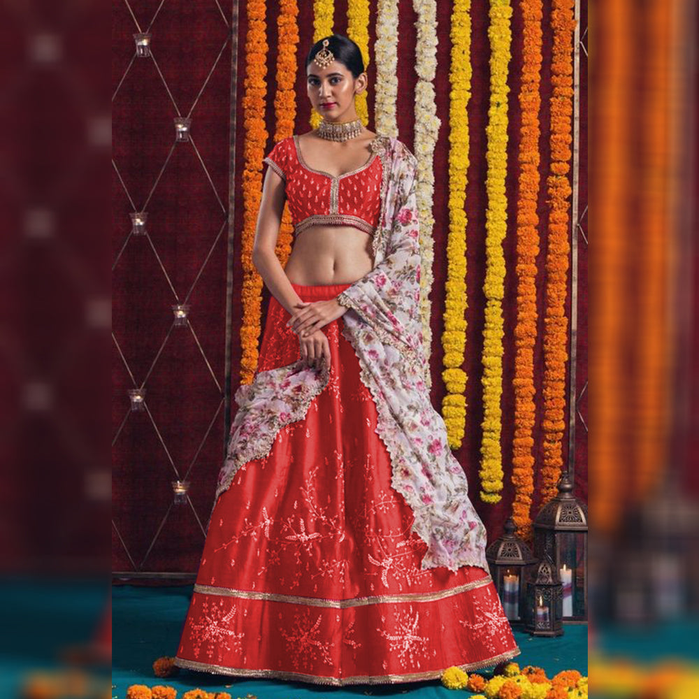 Red Lehenga Choli In Satin Banglory Silk With Embroidery Work