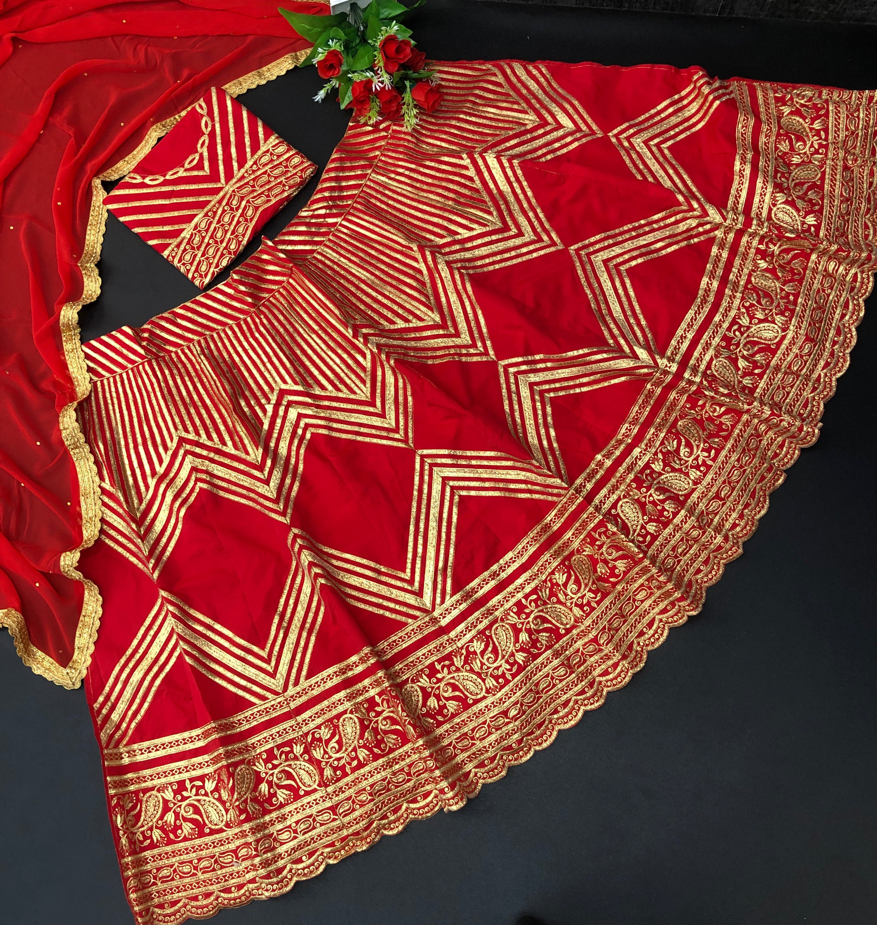 Red Lehenga Choli In Taffeta Silk With Fancy Thread Work
