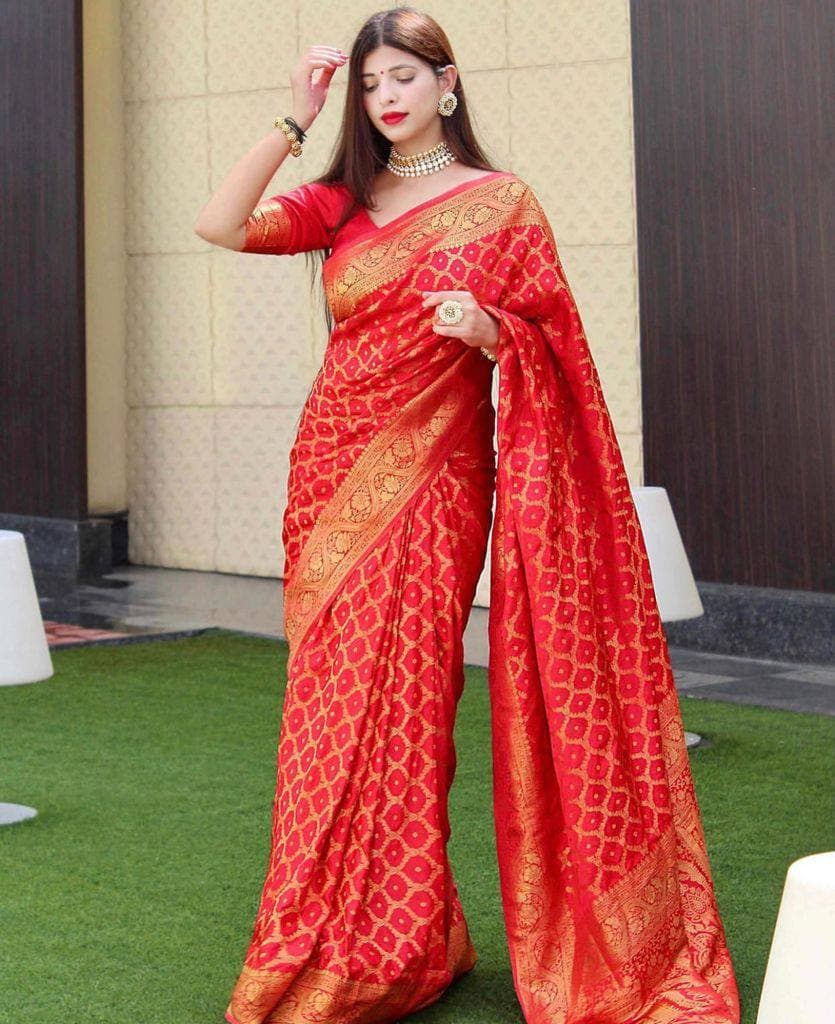 Red Lichi Silk Banarasi Saree With Blouse