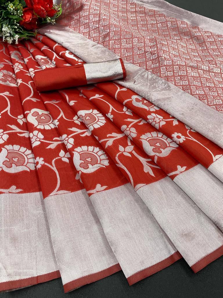 Red Lichi Silk Banarasi Saree With Blouse