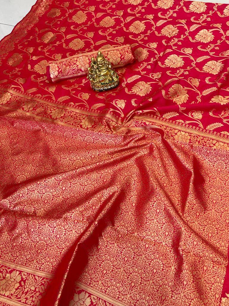 Red Lichi Silk Wedding Wear Banarasi Saree With Blouse