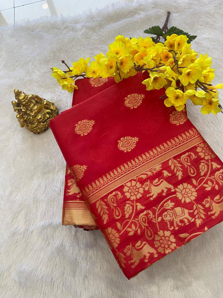 Red Lichi Silk Wedding Wear Banarasi Saree With Blouse