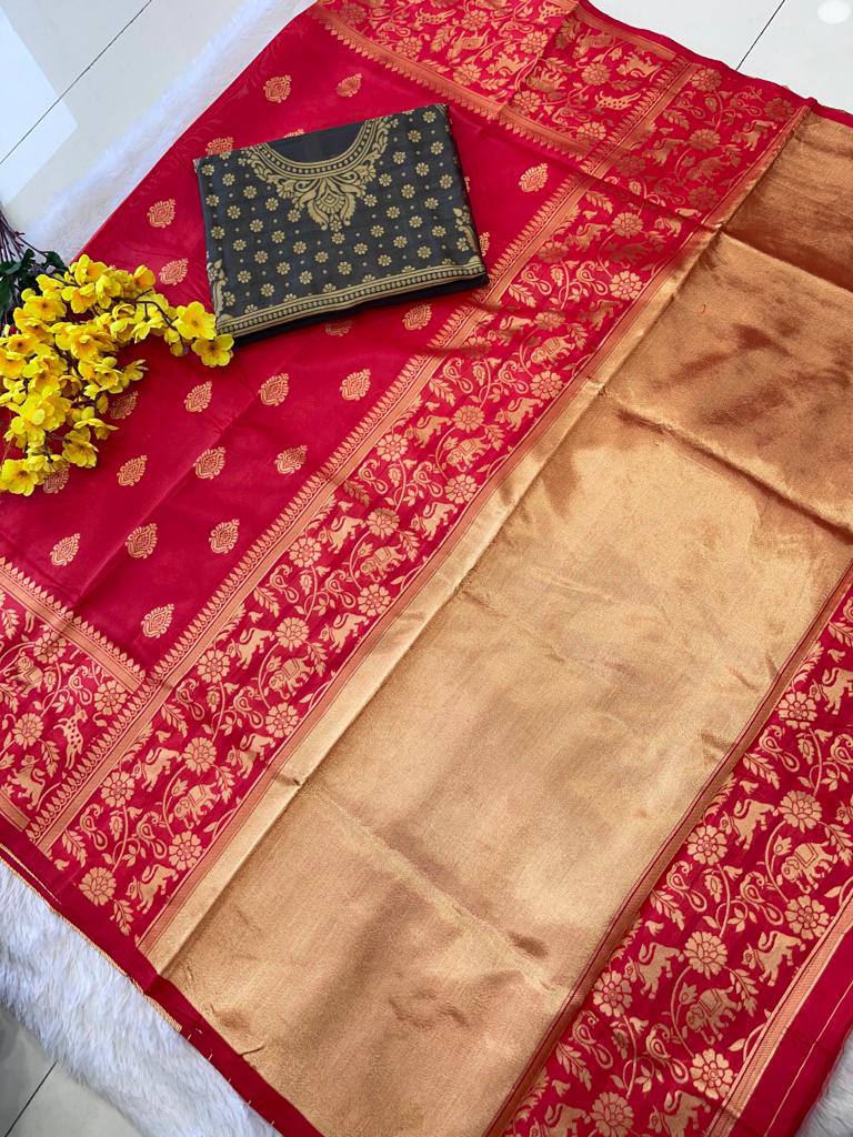 Red Lichi Silk Wedding Wear Banarasi Saree With Blouse