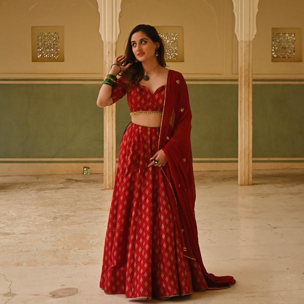 Red Lehenga Choli In Malai Satin With Digital Print