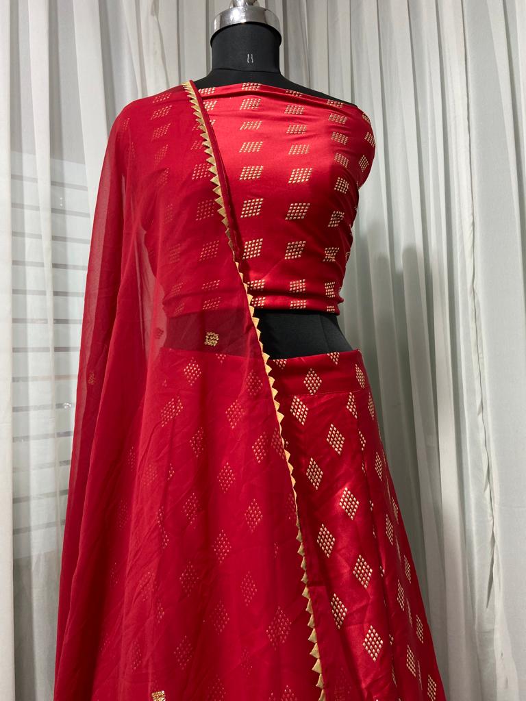 Red Lehenga Choli In Malai Satin With Digital Print