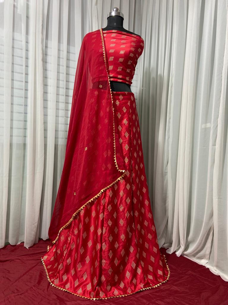 Red Lehenga Choli In Malai Satin With Digital Print