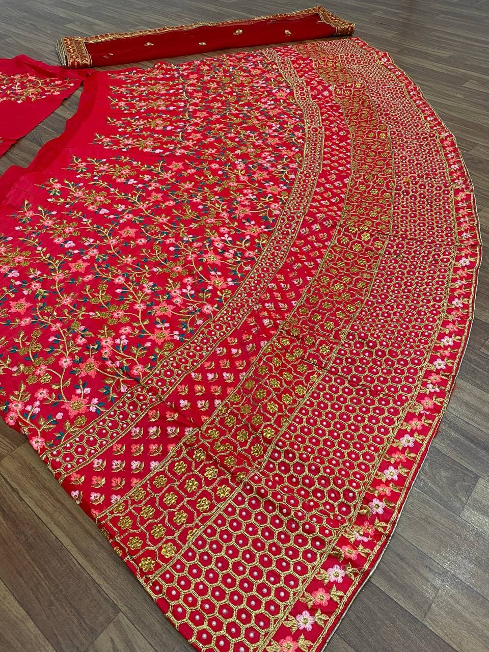 Red Lehenga Choli In Malai Silk With 5 MM Sequence Work