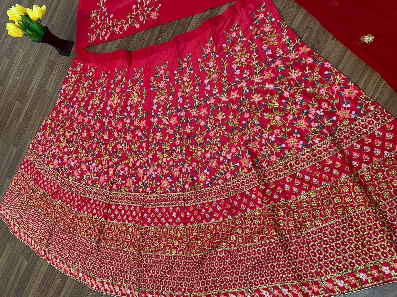 Red Lehenga Choli In Malai Silk With 5 MM Sequence Work