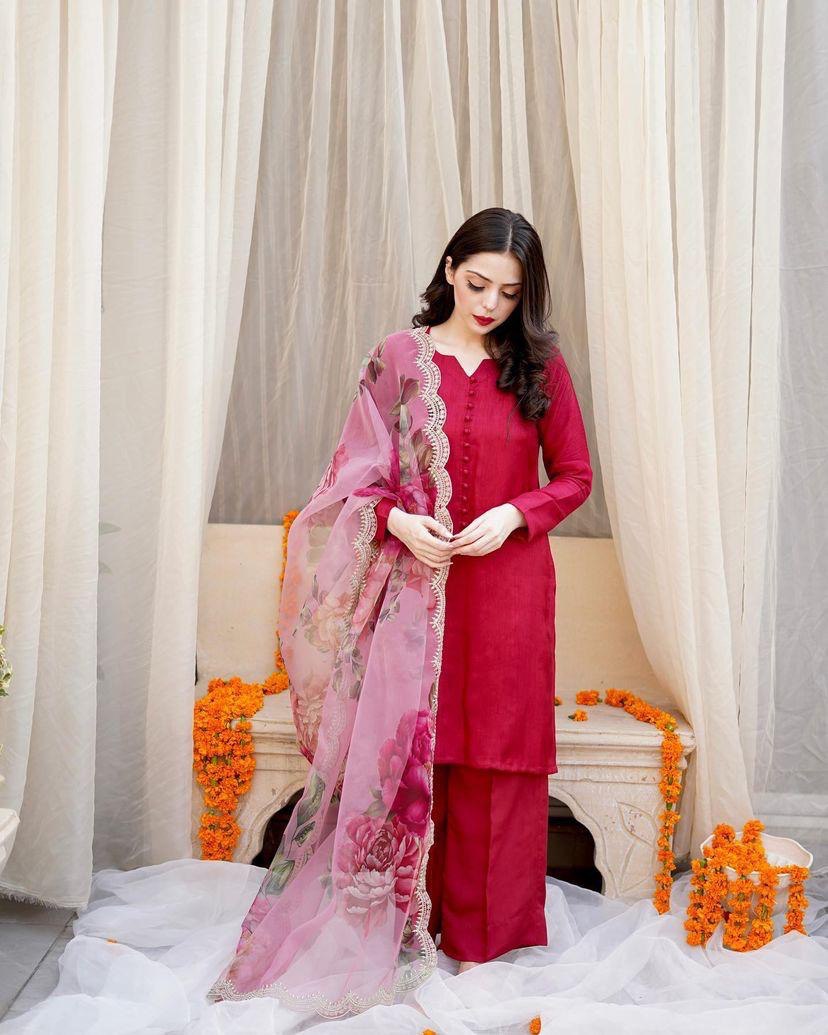 Red Palazzo Suit In Maska Cotton Silk With Plain