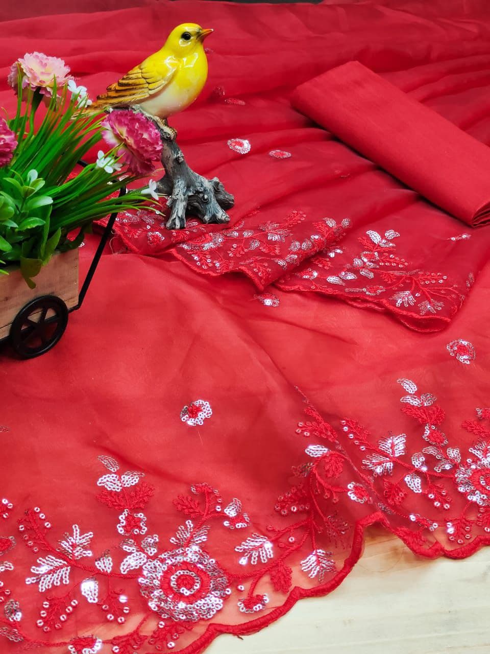 Red Saree In Organza Silk With Embroidery Multi Sequence Work