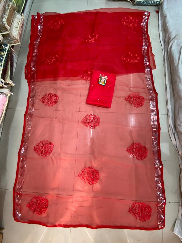 Red Saree In Organza Silk With Embroidery Work