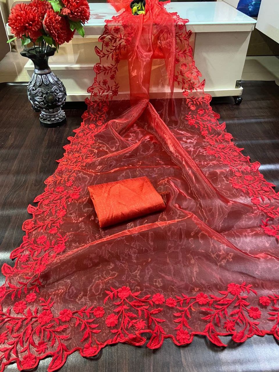 Red Saree In Organza Silk With Thread Embroidery Work