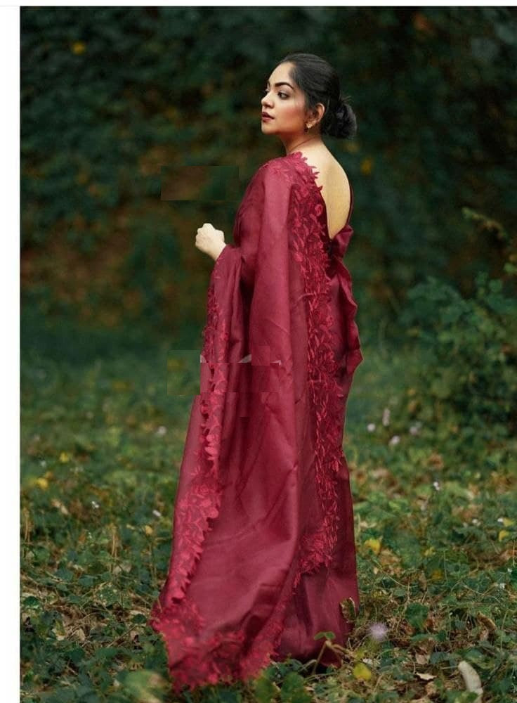 Red Saree In Organza Silk With Thread Embroidery Work