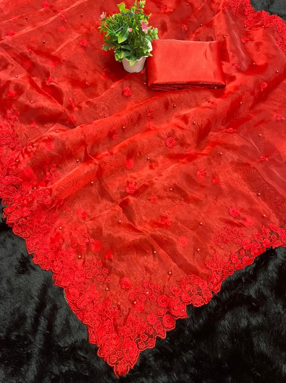 Red Saree In Organza Silk With Thread Work