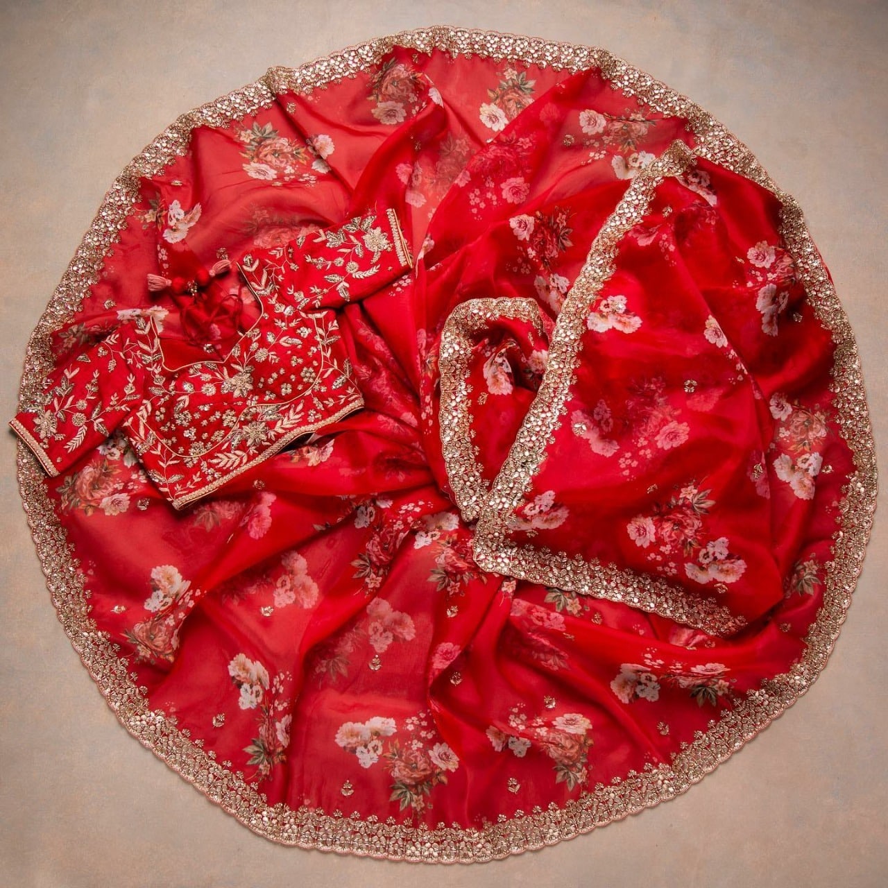 Red Saree In Organza Silk With Zari Thread Work