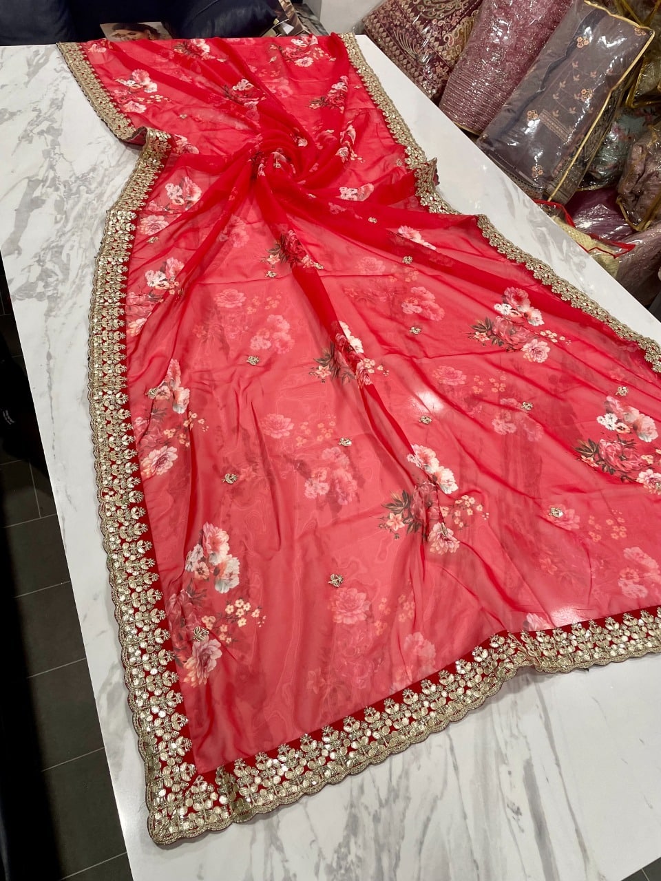 Red Saree In Organza Silk With Zari Thread Work