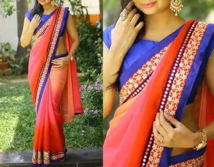 Red Pink Saree In Padding Georgette With Fancy Thread Work