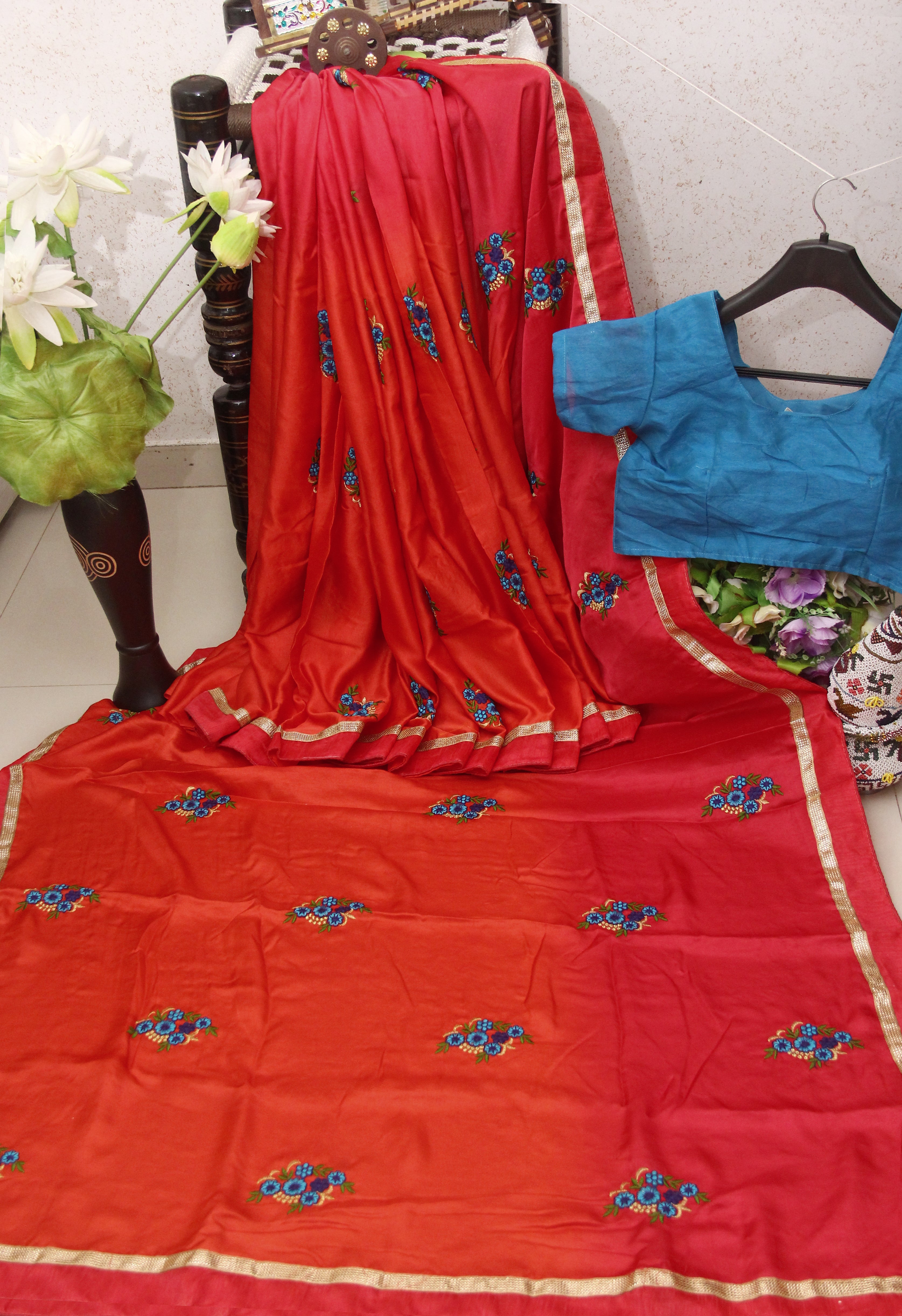 Red Saree In Pure Satin Silk Padding With Fancy Thread Work
